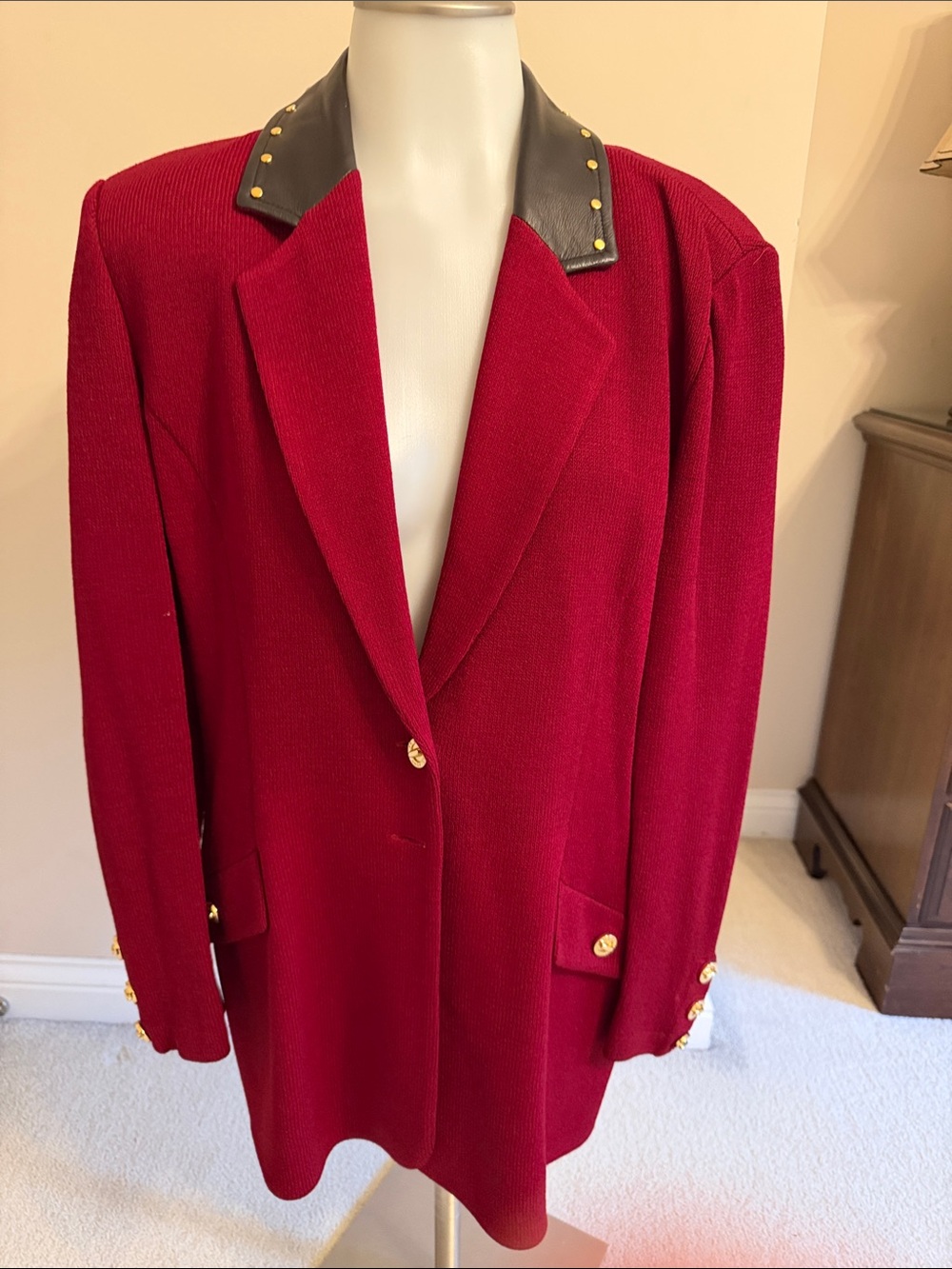St John  burgundy Red Blazer Coat with brown faux leather Studded Collar